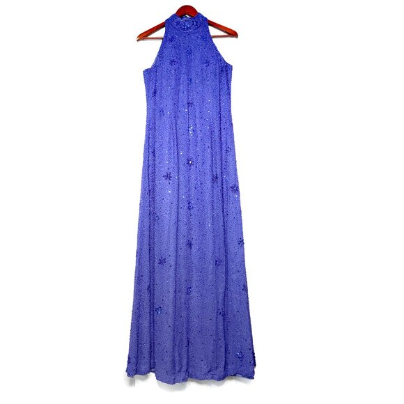 Avanti Silk Beaded Sequin Long Evening Gown Halter Formal Dress Royal Blue Party - Picture 6 of 16